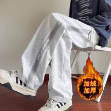 加绒华棉复绒 运动裤子男冬季薄款大码宽松阔腿休闲裤直筒长裤