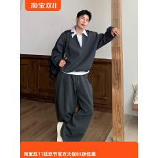 美式 潮牌高级感假两件拼接条纹领卫衣男士时尚休闲长裤套装