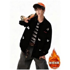 加绒刺绣开衫冬季痞帅外套男港风日系原宿风韩版宽松夹克