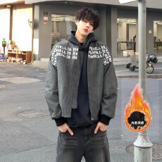 夹棉加厚春秋满印飞行员夹克高街短款小垫肩皮衣外套男士