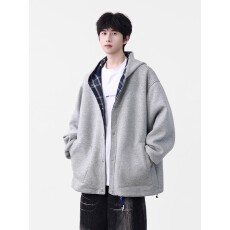 批发【华棉复空气层美式神秘开衫卫衣外套男春<b class='q'>秋</b>季格子休闲连帽夹克