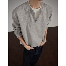 批发【复合布料假两件】美式半拉链重磅运动长袖T恤男春秋打底衫