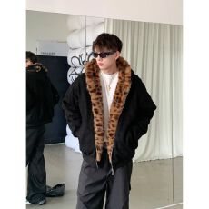 鹿皮绒豹纹棉衣日系十八简约文艺高质量重磅豹纹棉衣慵懒原宿