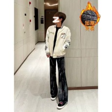 批发【 加厚夹棉秋冬潮牌猫爪刺绣棒球服外套男女宽松拼接夹克