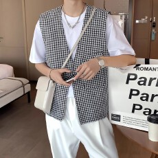 批发【千鸟格坎肩轻熟风格子小<b class='q'>马甲</b><b class='q'>男</b>休闲V领背心外搭发型师