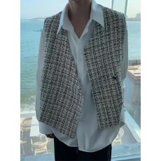 批发【 小香风<b class='q'>马甲</b>春季千鸟格<b class='q'>男</b>高级感小众背心无袖网红发型师