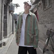 批发【条纹大口袋秋季工装风撞色长袖<b class='q'>衬衫</b>男士潮流日系宽松<b class='q'>衬衣</b>