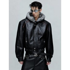 批发【皮座山雕红纽扣重磅加绒加厚皮衣棉服男冬季连帽大毛领