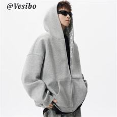 批发美式重磅空气层拉链开衫连帽卫衣<b class='q'>外套</b>男女春秋宽松廓形休闲上衣