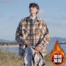 批发【加绒】外套男毛呢格子秋冬宽松加厚<b class='q'>衬衫</b>夹克潮工装<b class='q'>衬衣</b>外套情侣