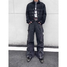 批发【牛仔裤】水洗做旧炮弹多口袋绑带工装裤男女<b class='q'>春</b>秋宽松阔腿长裤