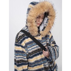 批发【可拆卸毛领棉服】费尔岛拼色连帽棉衣男冬季口袋羊羔毛外套情侣