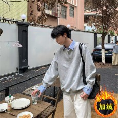 批发【加绒】假两件拼接翻领卫衣男<b class='q'>秋</b>冬潮牌高街宽松情侣休闲套头上衣