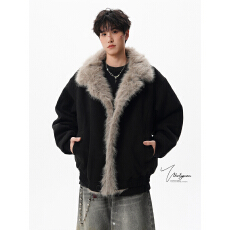 批发韩系二罗氛围感解构拼接情侣棉服男冬季高级感毛绒翻领加厚棉衣潮