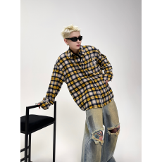 批发美式OOTD复古珍珠刺绣长袖格子<b class='q'>衬衫</b>男春季潮牌宽松<b class='q'>衬衣</b>外套