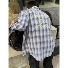 批发美式OOTD高街设计感撞色格纹珍珠长袖<b class='q'>衬衫</b>男女百搭慵懒感<b class='q'>衬衣</b>ins