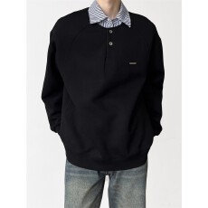 批发【加绒】<b class='q'>秋</b>冬101号学院风拼接假两件卫衣男宽松polo领长袖T恤外套