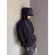 批发【水洗】做旧招财斜拉链连帽卫衣男女<b class='q'>秋</b>冬季宽松短款拉链开衫外套