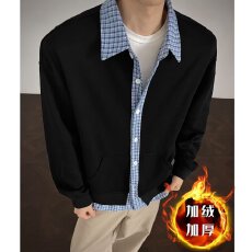 批发华棉复合贝贝绒】美式简皓高级<b class='q'>衬衫</b>领拼条纹假两件卫衣男设计感潮