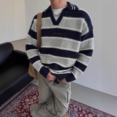 批发北极绒】秋冬潮乐汇条纹长袖宽松v领毛衣男女慵懒风休闲<b class='q'>外套</b>情侣