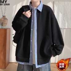 批发【华棉复贝贝绒假两件元宝拼接<b class='q'>衬衫</b>领加绒卫衣男秋冬宽松开衫外套