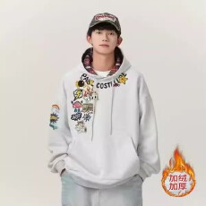 批发【加绒美式樱花鼠<b class='q'>潮牌</b>连帽<b class='q'>卫衣</b>男冬季涂鸦印花学院风拼接宽松