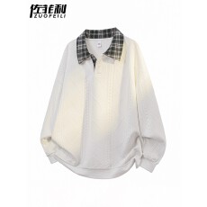 批发【华夫格提花320克<b class='q'>衬衫</b>揭潮坊领卫衣男春秋季翻领套头衫打底衫男