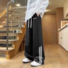 批发重磅休闲裤男<b class='q'>春</b>秋季2025撞色三条杠直筒裤潮牌宽松运动长裤情侣