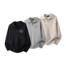 批发百花绒Polo领刺绣】秋冬国潮毛衣男生老钱风宽松长袖套头针织毛衫