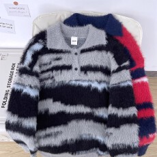批发5公分水貂毛提花】拼接黑衣长袖条纹polo领针织毛衣男女秋冬上衣