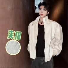 批发PU皮夹棉加厚】立领设国潮计感皮衣夹克男女<b class='q'>冬</b>短款宽松高级感外套