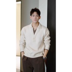 批发假两件北极绒】撞色港麦拼接V领毛衣男秋冬慵懒高级感针织衫上衣