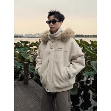 批发【连帽棉衣】毛领招财座山雕棉服男冬季情侣毛呢拼接外套加厚保暖