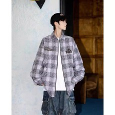 批发【呢格子布复合双层全刺绣】夹克男国潮秋<b class='q'>冬</b>宽松毛呢外套情侣衣服