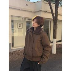 批发棉服】翻领简风毛领截短廓形宽松夹棉外套冬男加厚飞行员夹克棉服