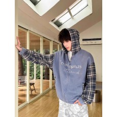 批发华棉复合350克拼原版格子布】假两件黑衣连帽卫衣男秋<b class='q'>冬</b>季外套男