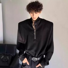 批发加绒加厚华夫格】半拉链高领卫衣男<b class='q'>冬</b>季高级感垫肩长袖t恤打底衫