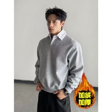 批发【加绒加厚】假两件简皓<b class='q'>衬衫</b>领拼接撞色短款卫衣男秋冬宽松套头衫