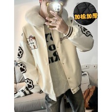 批发美式老铁猫爪刺绣棒球服外套男2025秋<b class='q'>冬</b>情侣装设计感毛呢拼接夹克
