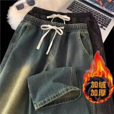 批发美式炫裤饰界复古牛仔裤男宽松直筒加绒加厚高街伐木长裤子秋<b class='q'>冬</b>