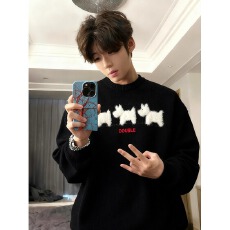 批发貂毛】2025乐万邦圆领毛衣男女宽松长袖针织衫情侣装秋冬美式上衣