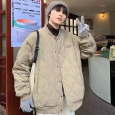 批发冬季乐万邦菱格棉衣男棒球领百搭情侣宽松休闲棉袄学生棉服外套