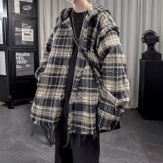 批发美潮乐万邦小恶魔连帽外套男女潮牌情侣小众小香风格子毛边夹克潮