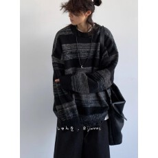 批发秋冬季二浩日系复古撞色条纹毛衣男女生慵懒风宽松休闲针织衫外套