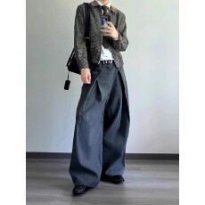 批发混坊TR条纹】褶皱二浩休闲<b class='q'>西裤</b><b class='q'>男</b>女秋街头中性松弛宽松阔腿垂感裤