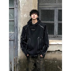 批发美式蓝邦复古牛仔拼接垫肩卫衣男女秋<b class='q'>冬</b>小众设计感廓形外套情侣潮