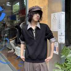 批发日系101号假两件衬衫卫衣春秋情侣学生复古休闲拼接条纹polo衫男