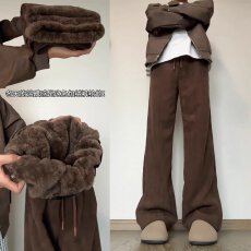 批发欧绵绒复咖啡绒牛仔裤男常青树秋<b class='q'>冬</b>高腰宽松美式直筒阔腿长裤子