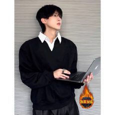 批发高质量加绒加厚】假两件佰年衬衫领卫衣男女冬季上衣美式<b class='q'>情侣</b><b class='q'>内</b>搭