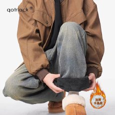 批发美式潮轩cleanfit加绒牛仔裤男宽松做旧水洗直筒裤高街潮牌休闲裤